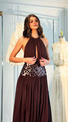 chocolate-brown-halter-gown-sequin-waist-pleated-maxi-dress-with-slit