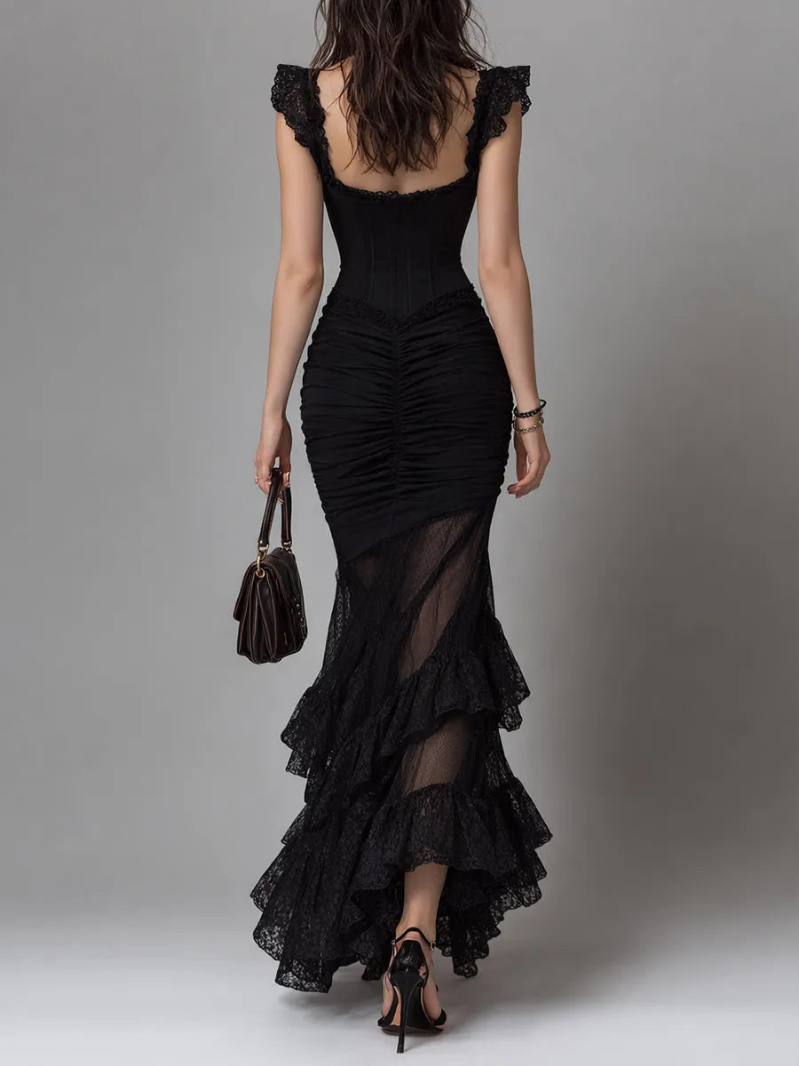 Goth Corset Lace Patchwork Pleated Maxi Dress