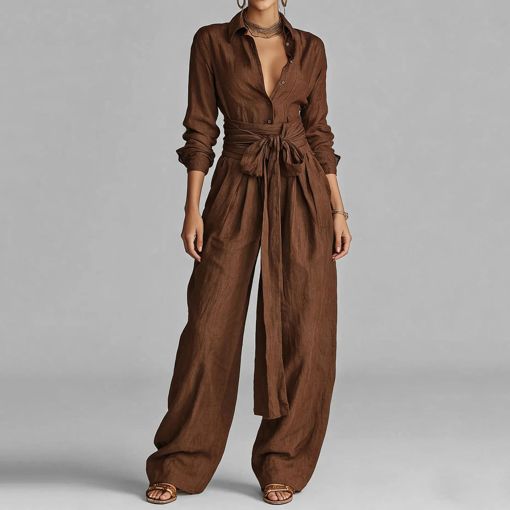 Women's Elegant Shirt Collar Long Sleeve Blouse & Slant Pocket Wide Leg Pants 2Pcs Set