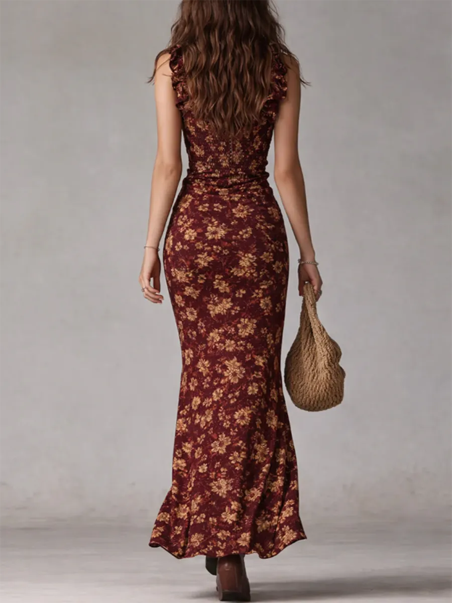 Retro Retro Boho Floral Print Asymmetrical Hem Maxi Dress