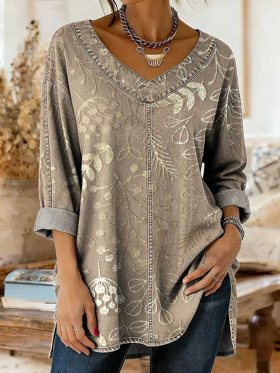 Women's Floral Art Print Casual Washed Denim Cotton Top