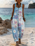 Women's Retro Style Art Print Washed Cotton Denim Patchwork Jumpsuit