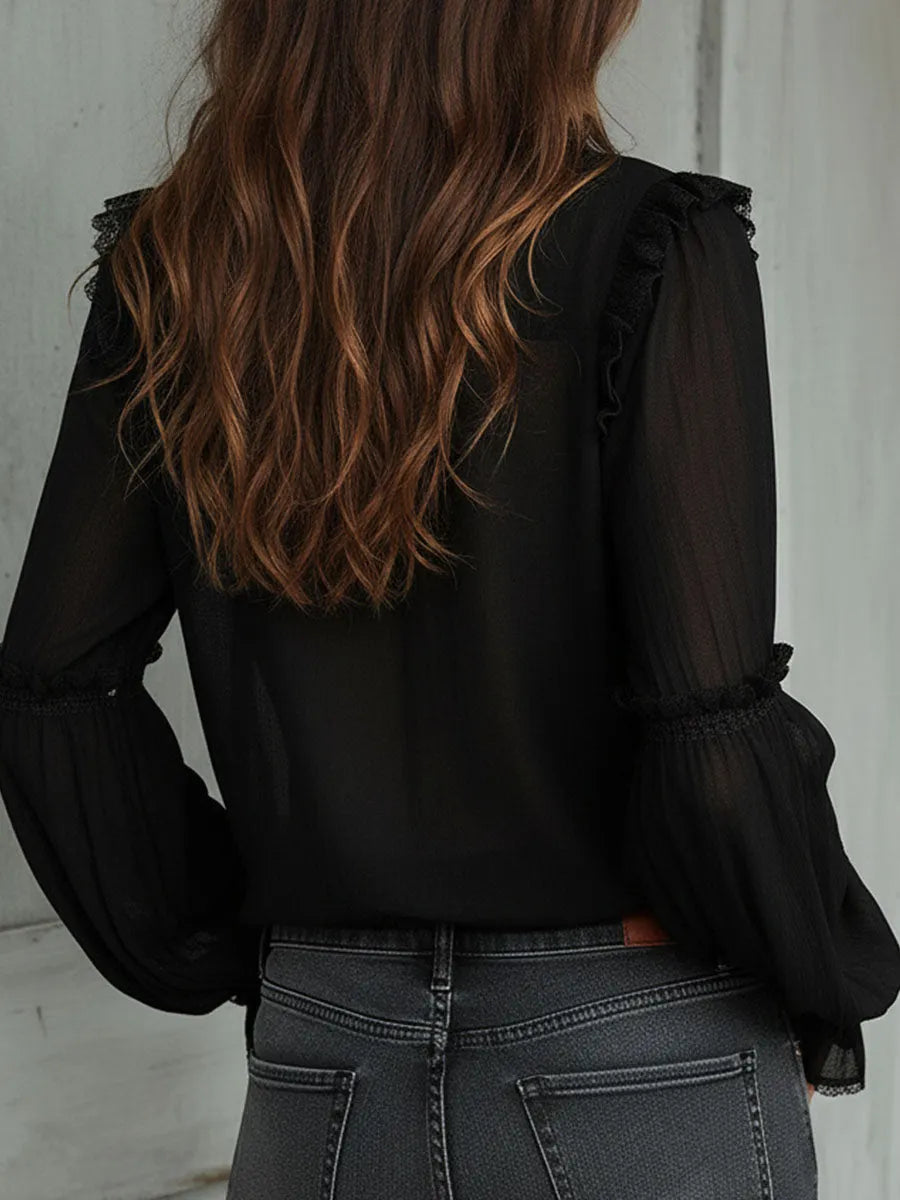 Vintage Black Ruffle Long Sleeve Blouse With Lace Trim