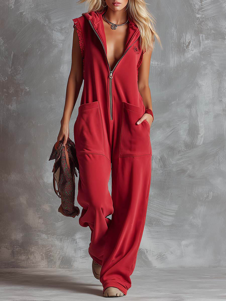 Women's Solid Color Sleeveless Casual Loose Hooded Cotton Wide-leg Jumpsuit