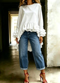 Women's Solid Crew Neck Tiered Ruffle High Low Blouse