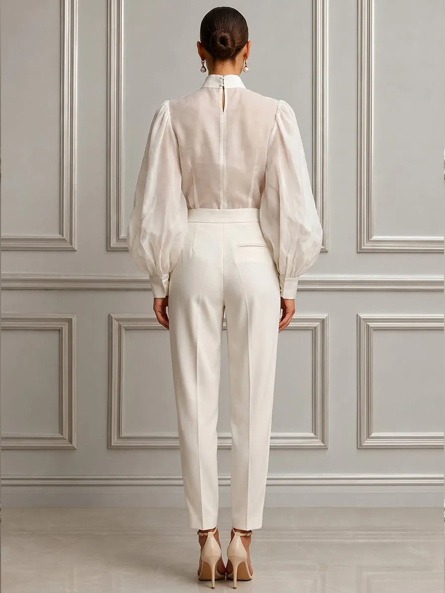 3D Rose Applique Blouse & High Waist Crepe Trousers Two-Piece Set