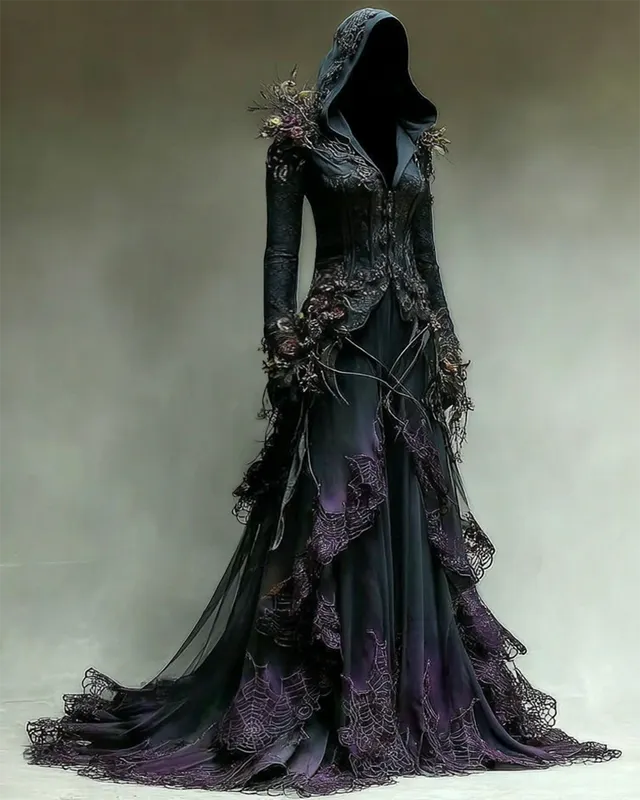 Halloween Gradient Spiderweb Lace Panel Ruffle Hooded Evening Dress ef86