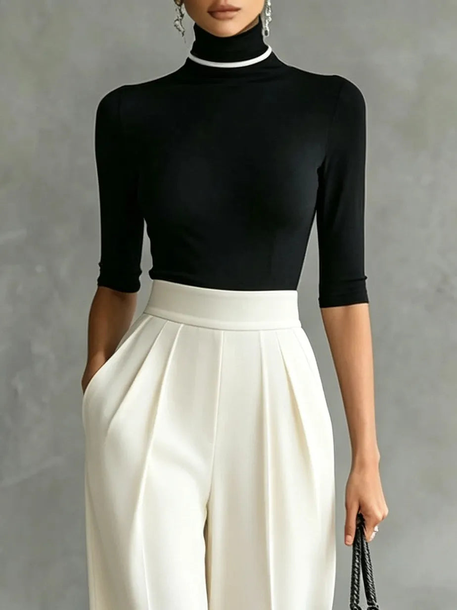 White Trim High-neck Mid-sleeved Black Top With White Wide-leg Pants Set