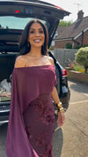 burgundy-floral-cape-midi-dress-off-shoulder-sheath-dress