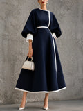 Navy Blue Cinched Waist A‐Line Elegant Midi Dress