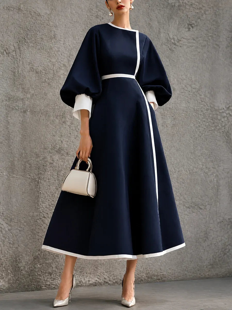 Navy Blue Cinched Waist A‐Line Elegant Midi Dress