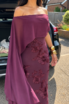 burgundy-brocade-midi-dress-off-shoulder-cape-sleeve-formal-dress