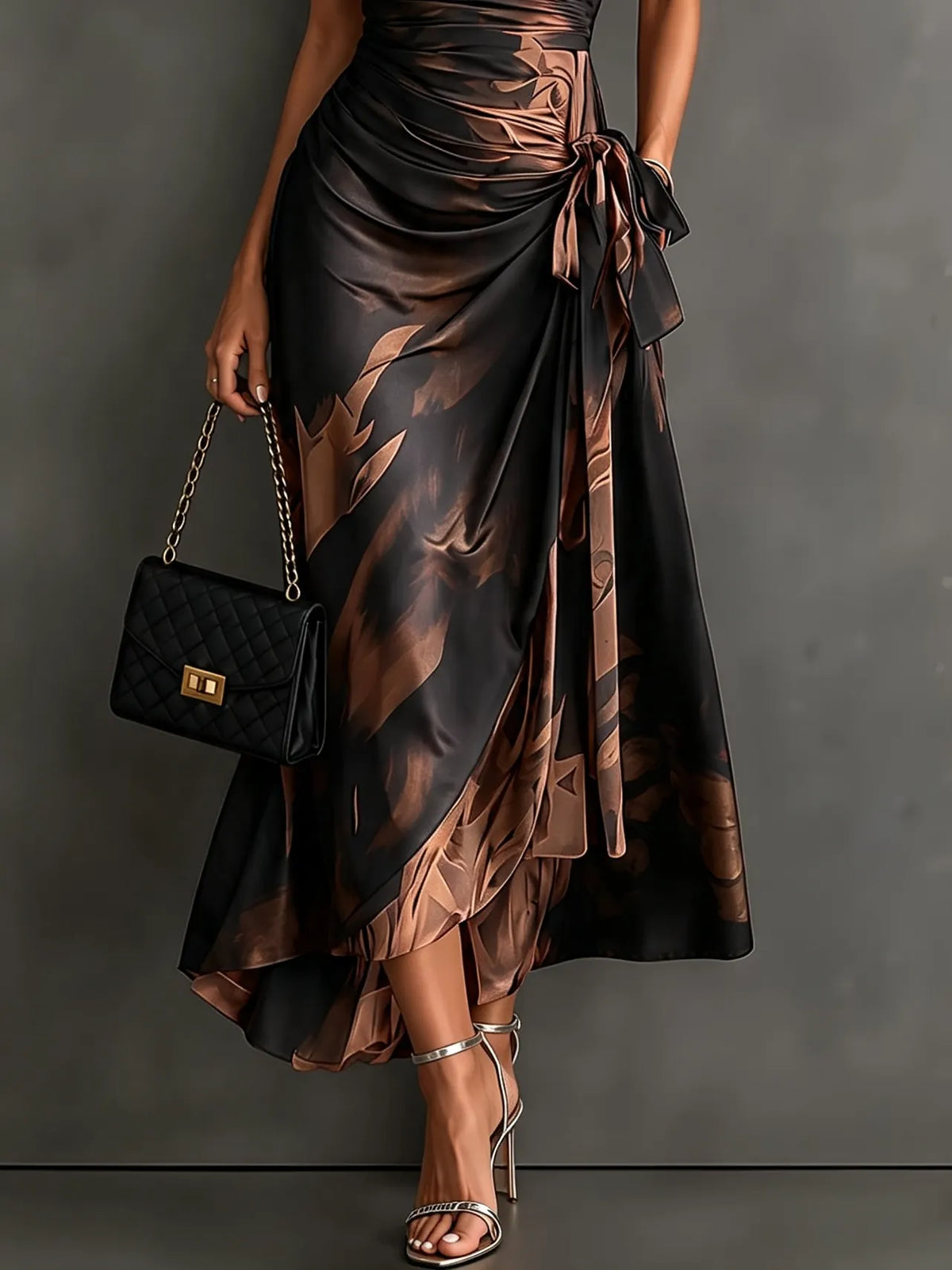 Red Black Abstract Print Wrap Midi Dress Collared V Neck Short Sleeve Tie Waist Ruffled High‐Low Hem Dress