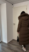 chocolate-brown-long-puffer-coat-faux-fur-hood-belted-maxi-coat