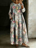 Women's Vintage Rose Floral Print Lapel Collar Pleated Long Sleeve Casual Loose Denim Dress