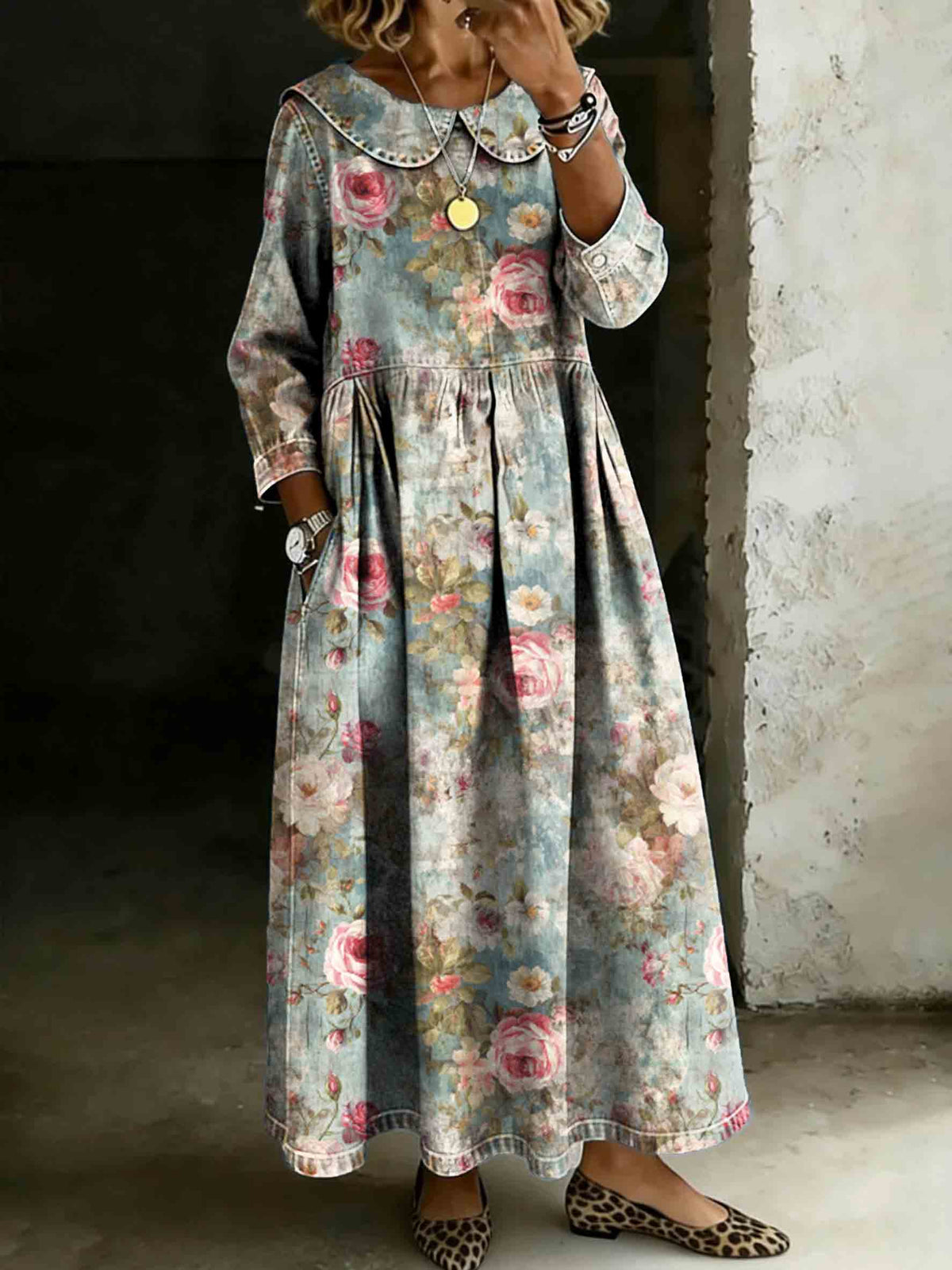 Women's Vintage Rose Floral Print Lapel Collar Pleated Long Sleeve Casual Loose Denim Dress