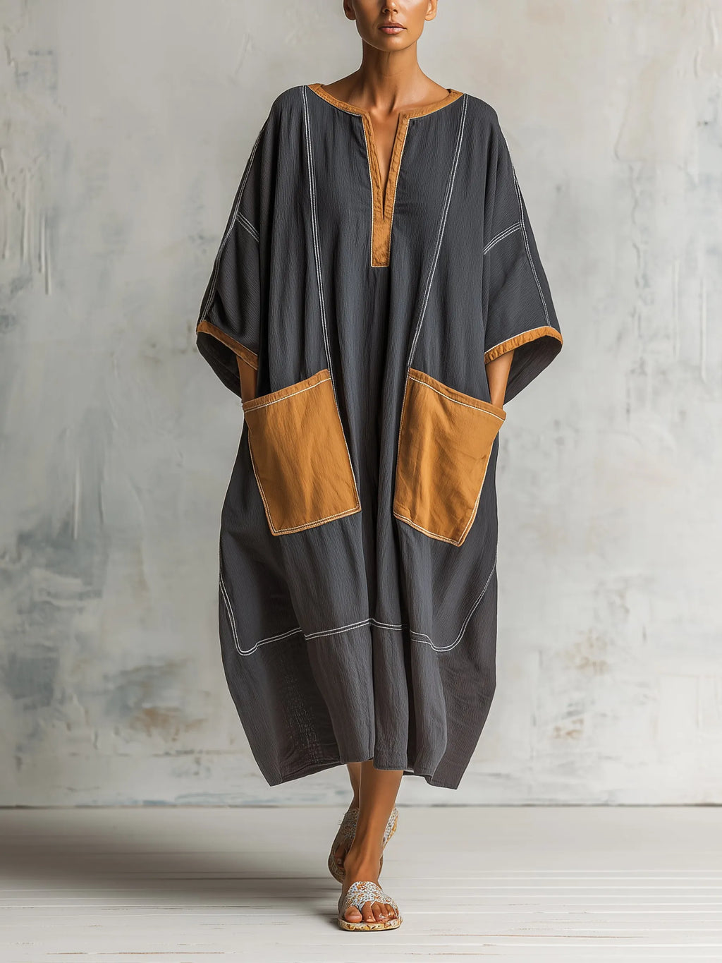 Women’s Contrast Trim Oversized Kaftan Dress With Utility Pockets
