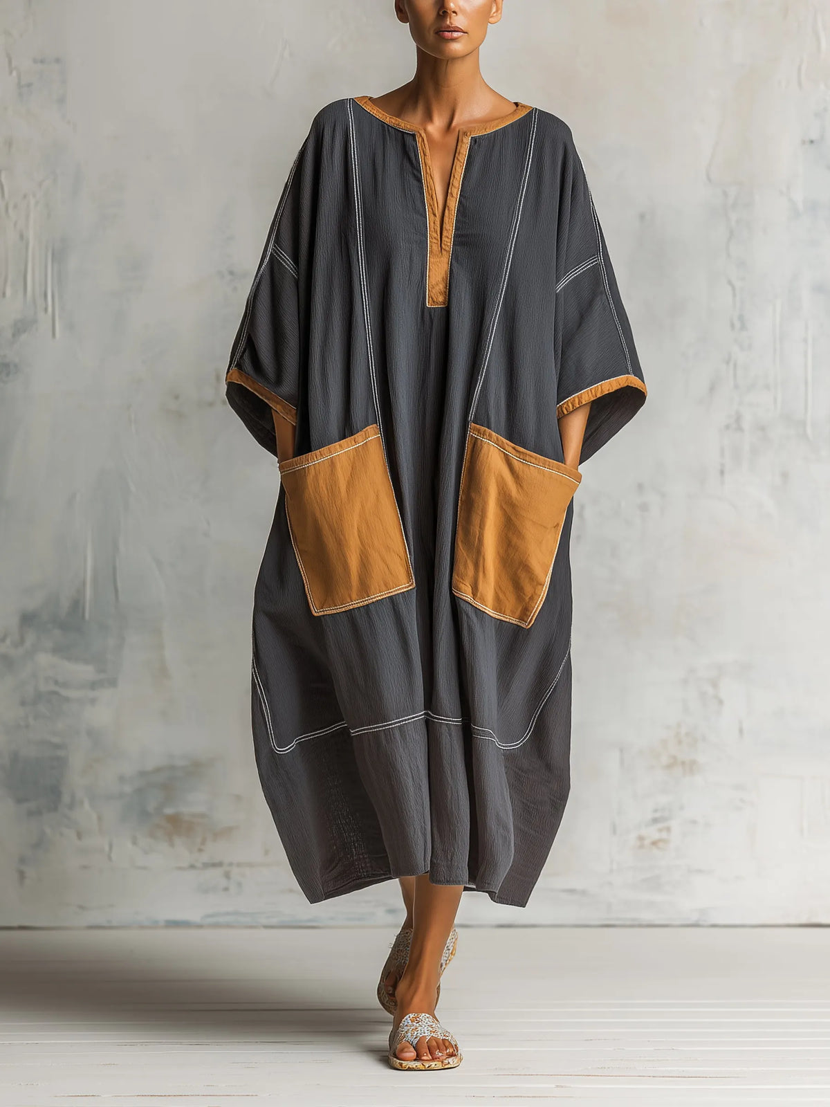 Women’s Contrast Trim Oversized Kaftan Dress With Utility Pockets