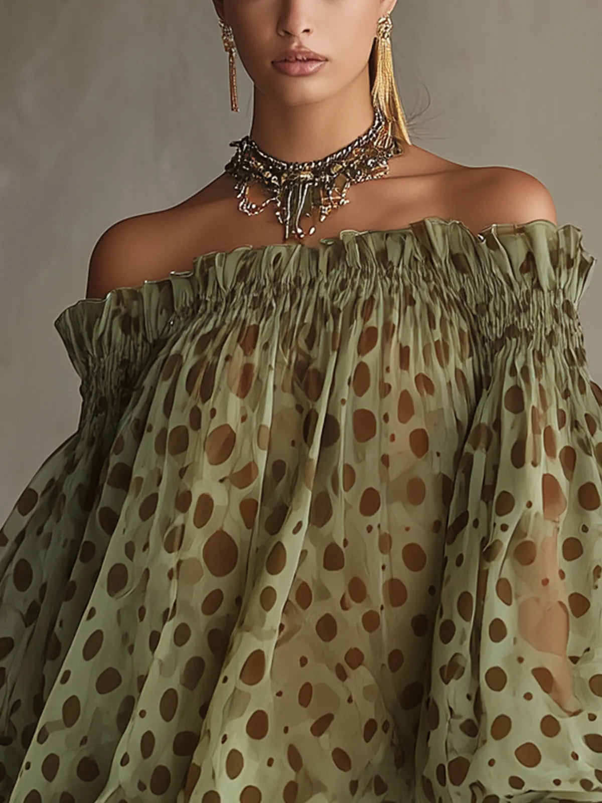 Olive Polka Dot Off-Shoulder Sheer Balloon-Sleeve Lace Hem Mini Dress