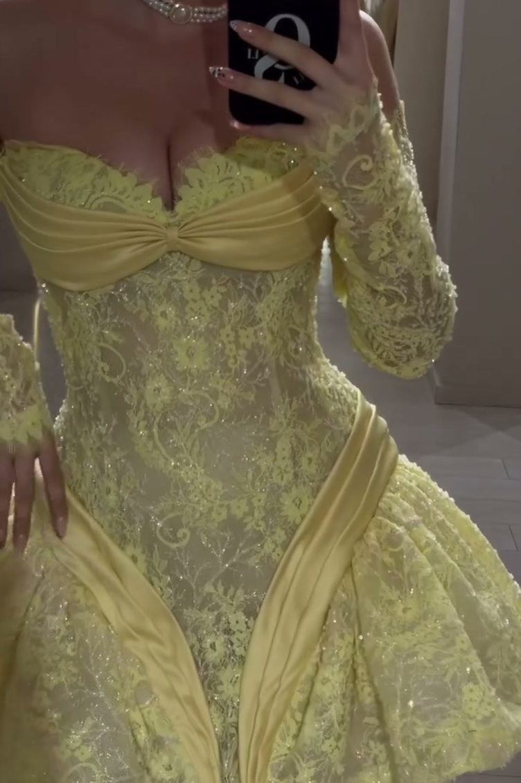 yellow-lace-corset-mini-dress-off-shoulder-long-sleeve-party-dress