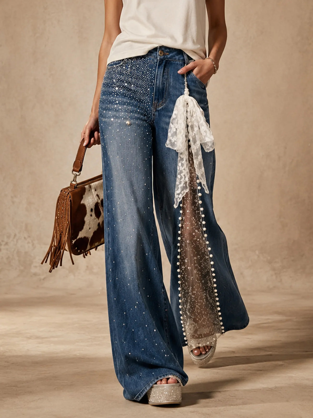 Perfect For A Chic Western Date Night — Vintage Blue Hollow-Out Lace Trim Rhinestone Denim Blend Women'S Flared Jeans (Includes Lace Belt)