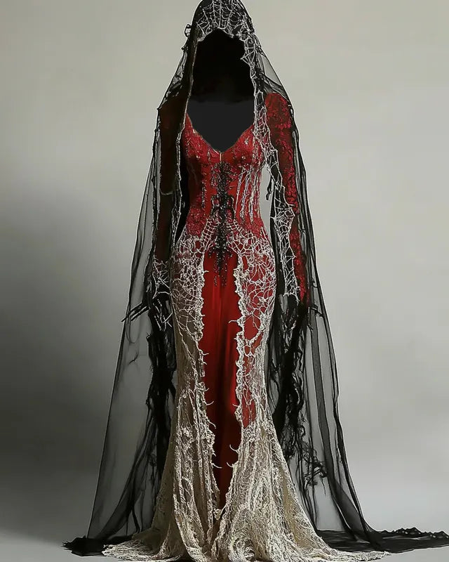 Halloween Contrasting Spiderweb Embroidered Lace Evening Dress a47a