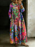 Women's Retro Multicolor Floral Splicing Long-sleeved Loose-fitting Casual Denim Dress