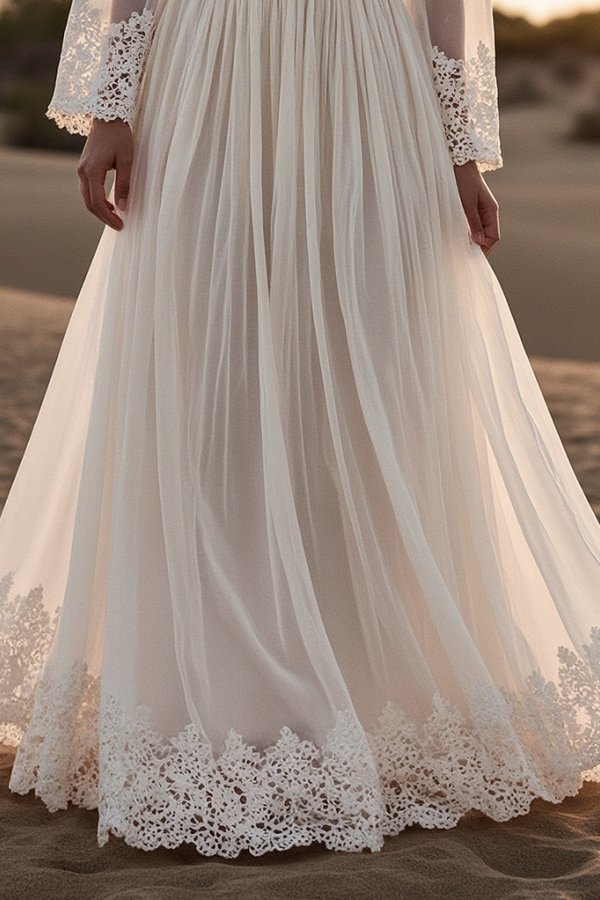 Bohemian Lace Dress White Deep V Long Sleeve Maxi Dress