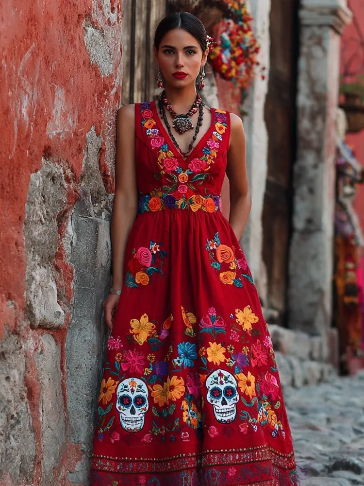 Day Of The Dead Sugar Skulls Flowers Embroidered Linen Maxi Evening Dress