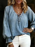 Women's Casual Drawstring Lantern Sleeve Denim Shirt