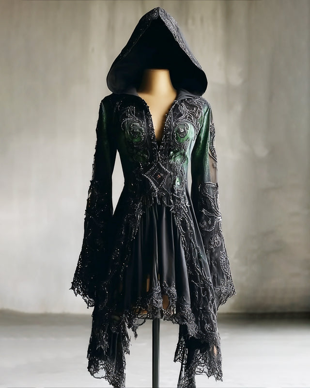 Halloween Gradient Embroidered Lace Patchwork Hooded Evening Dress df61