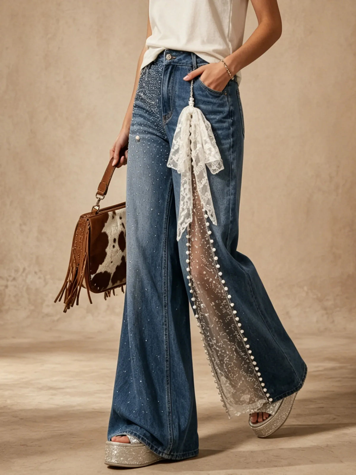 Perfect For A Chic Western Date Night — Vintage Blue Hollow-Out Lace Trim Rhinestone Denim Blend Women'S Flared Jeans (Includes Lace Belt)