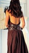 chocolate-brown-halter-gown-sequin-waist-pleated-maxi-dress-with-slit