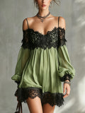 Green Off-Shoulder Chiffon Mini Dress With Black Lace Trim