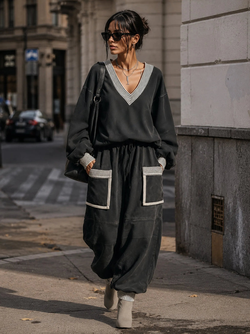 Oversized Contrast Trim V Neck Sweatshirt And Utility Jogger Set