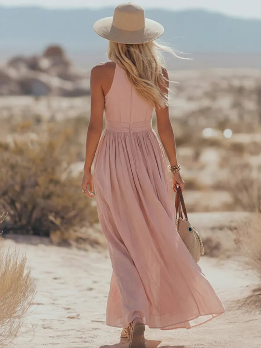 Stylish & Sexy Halter-neck Cotton-linen Maxi Dress