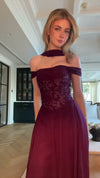 plum-off-shoulder-lace-bodice-gown-ribbon-scarf-a-line-maxi-dress