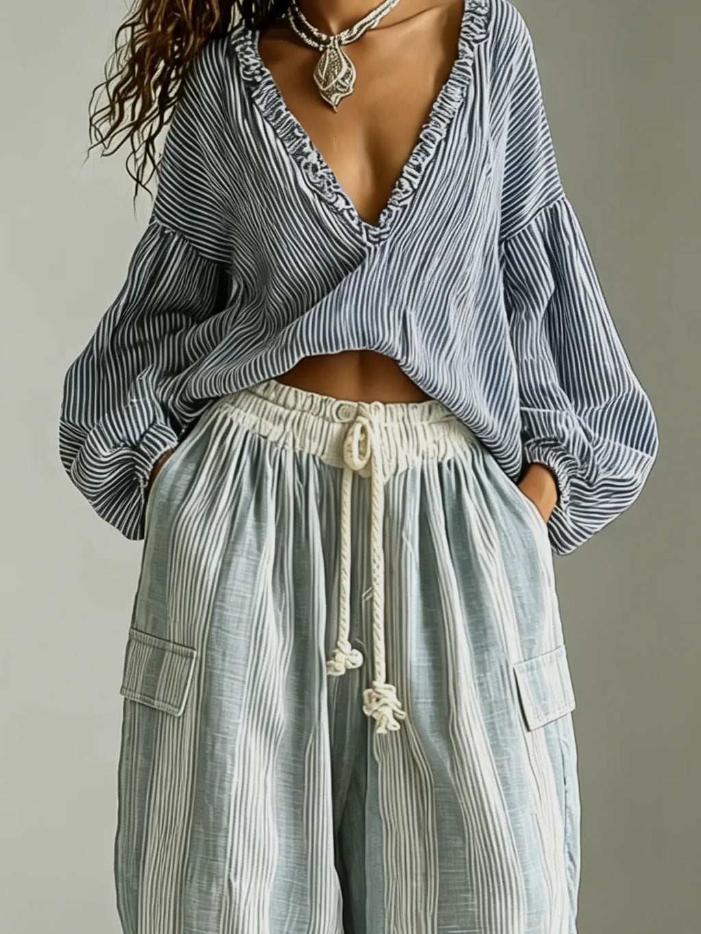 Bohemian Striped Lantern-Sleeve Top and Lantern Pants Two-Piece Set
