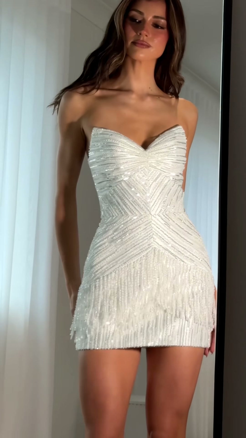 white-sequin-fringe-mini-dress-strapless-chevron-party-dress
