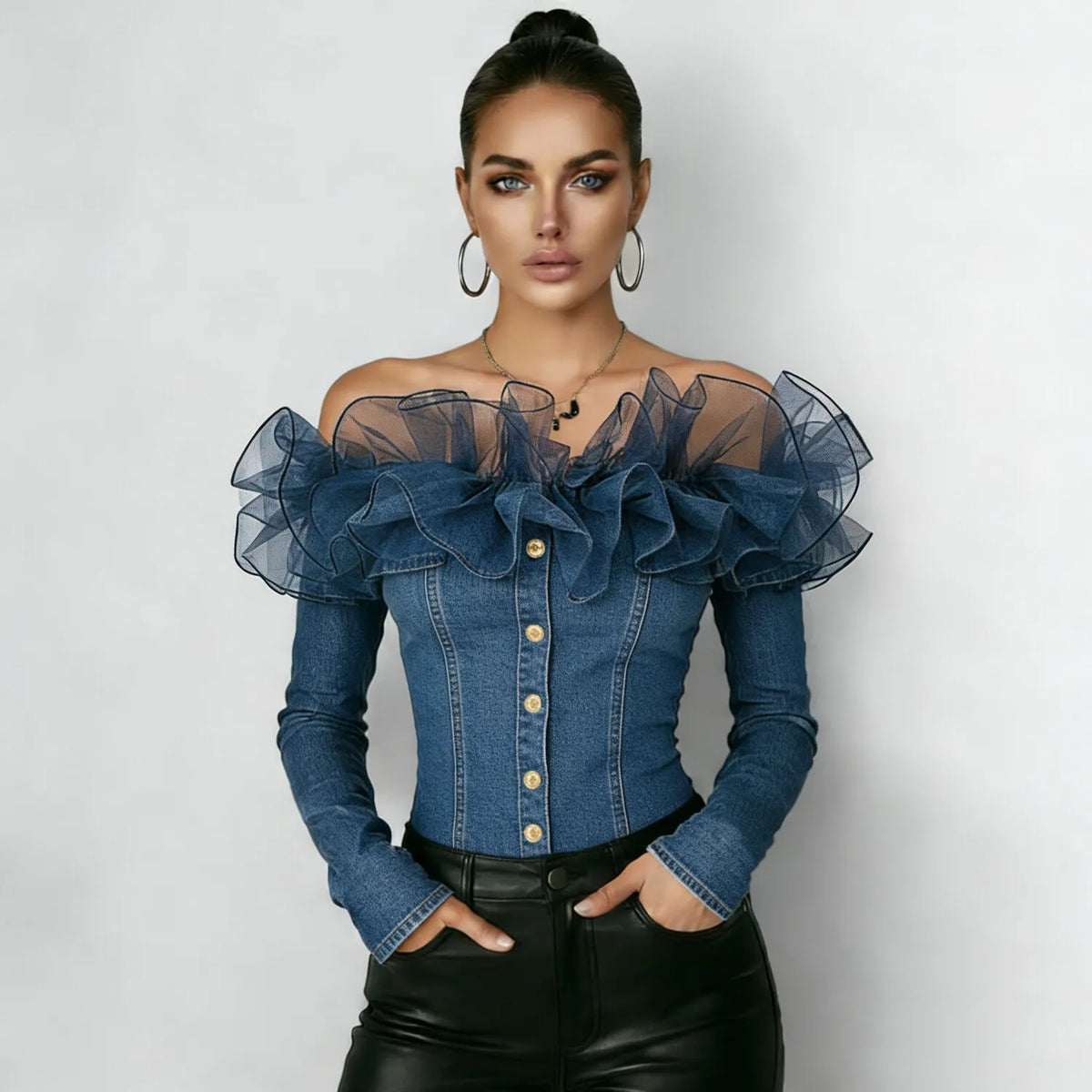 Women's Denim Patchwork Mesh Off Shoulder Button Decor Long Sleeve Blouse