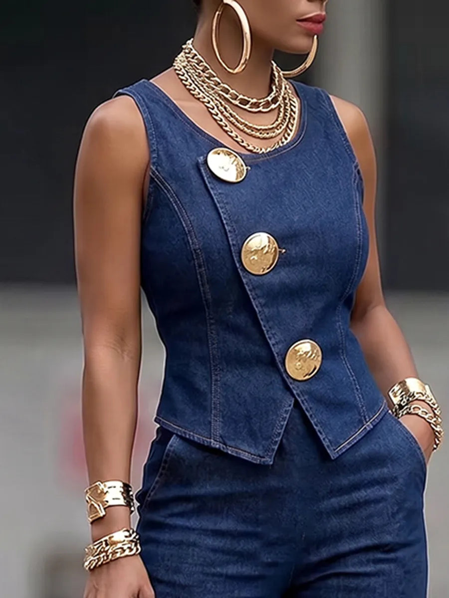 Grown-up Sleeveless Denim Top With Metal Buttons