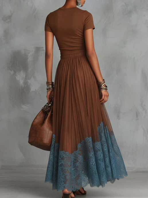 Stylish Stretch T-shirt And Lace-trimmed Skirt Two-piece Set
