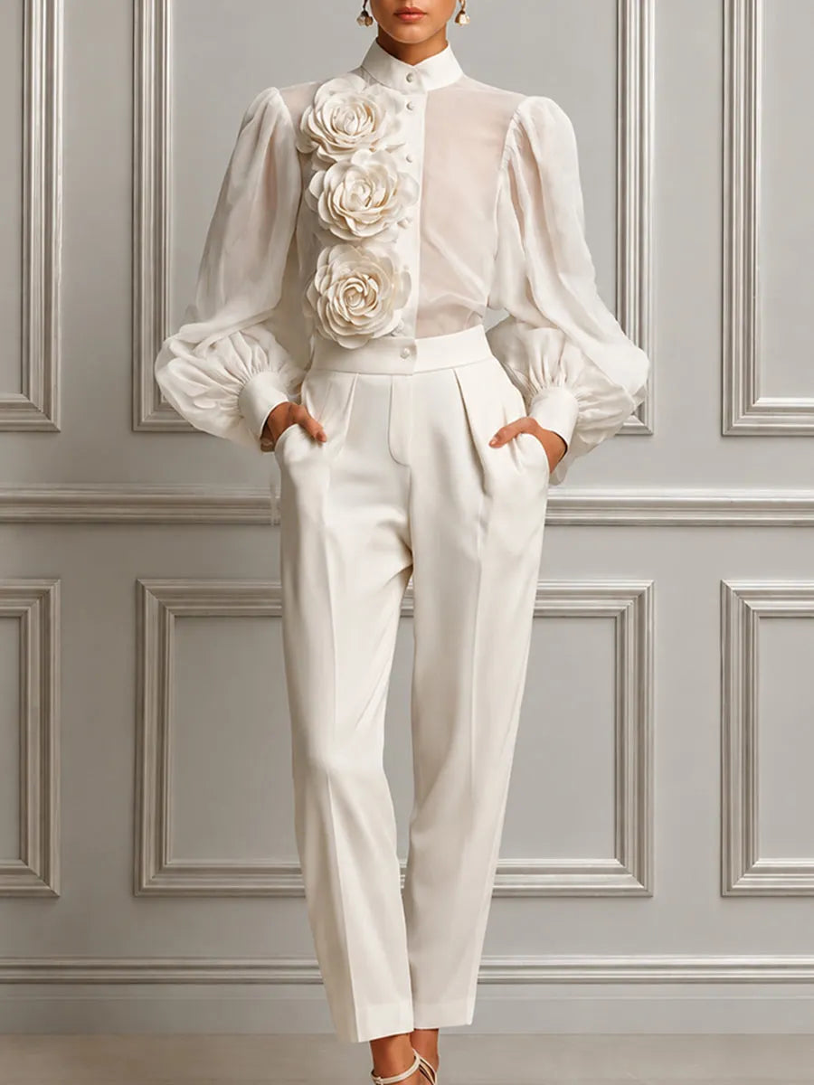 3D Rose Applique Blouse & High Waist Crepe Trousers Two-Piece Set