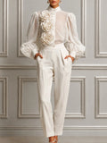 3D Rose Applique Blouse & High Waist Crepe Trousers Two-Piece Set