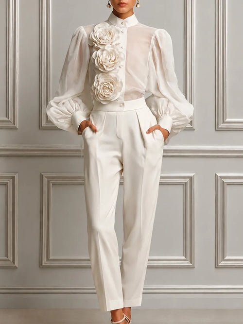 3D Rose Applique Blouse & High Waist Crepe Trousers Two-Piece Set
