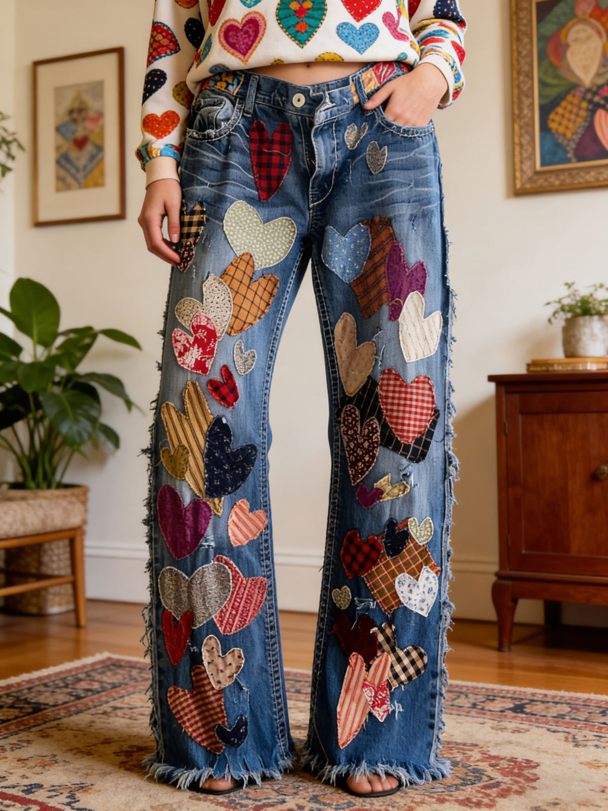 Women’s Stylish Multicolor Print Casual Denim Pants
