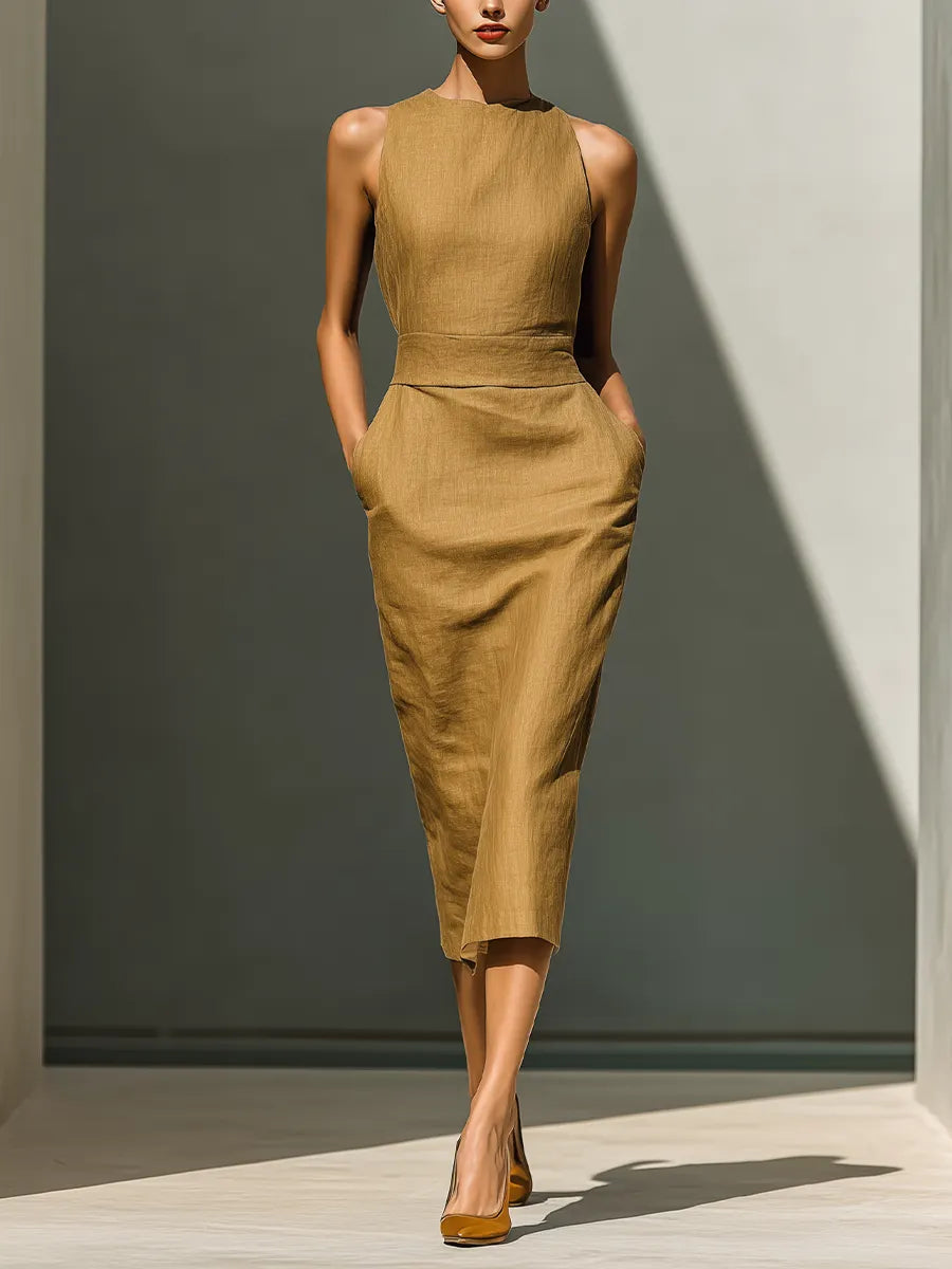 Women’s Camel Linen-Blend Sleeveless Round Neck Waisted Midi Dress With Pockets