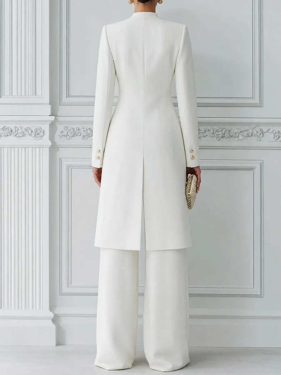 Stand Collar Gold Button Longline Blazer & Wide-Leg Pants Two-Piece Suit Set