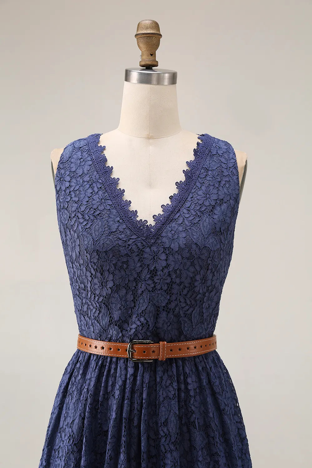 Boho Lace Dress Blue V Neck Sleeveless Belted High Slit Maxi Dress