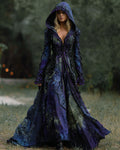 Halloween Gradient Tie-Dye Irregular Ruffle Lace Hooded Linen Evening Dress 0178